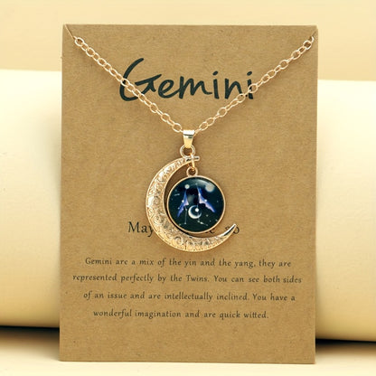 1pc Retro Glow-In-The-Dark Zodiac Moon Pendant Necklace - Vintage Style, Zinc Alloy with Accents, Adjustable Chain for Women - Ideal for Daily Wear & Gifting, Zodiac Jewelry, Gift Jewelry, Vintage Jewelry, Durable Jewelry