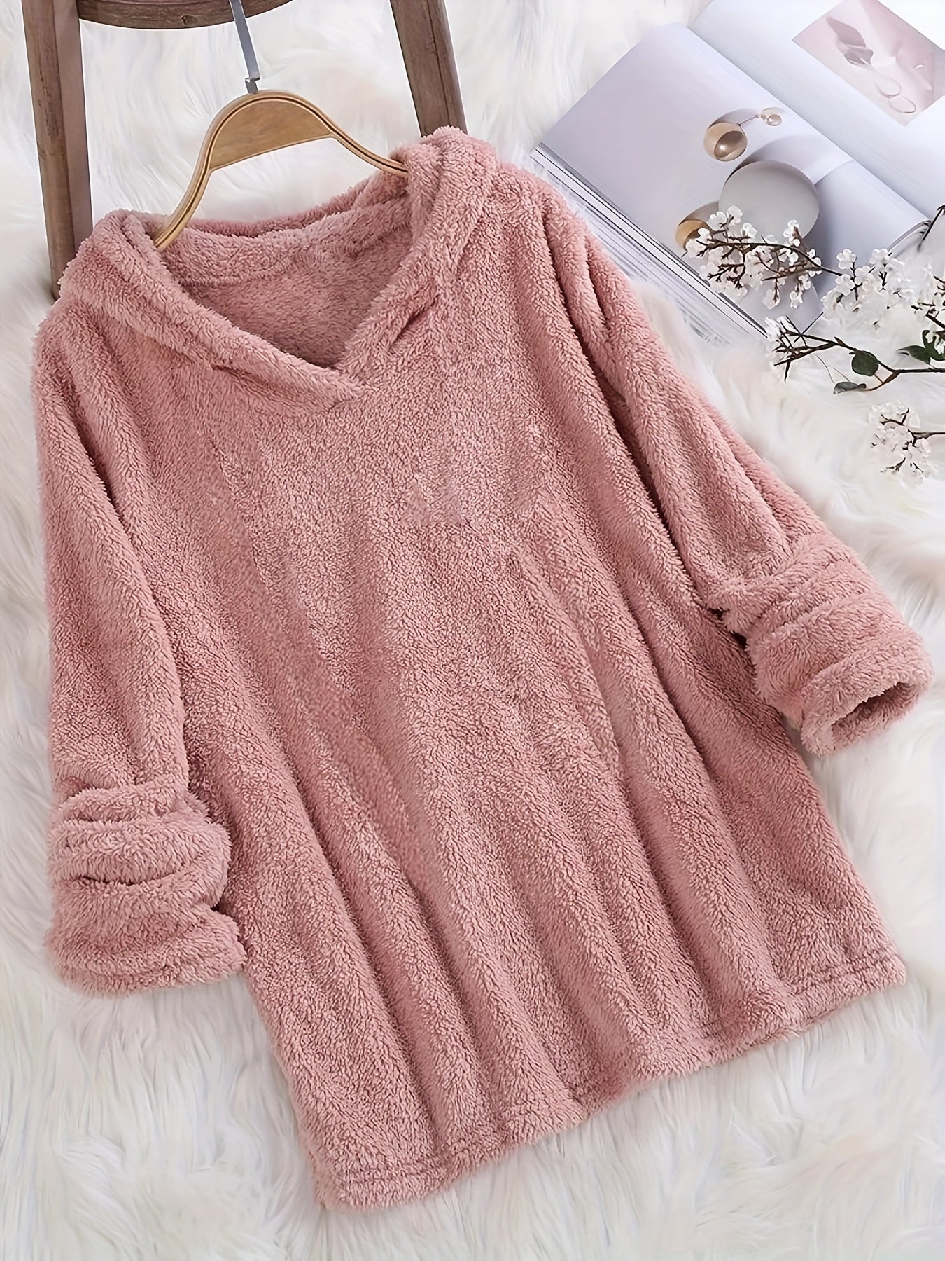 Fashion Women's Standard Size Fuzzy Pullover Solid Color Hoodie