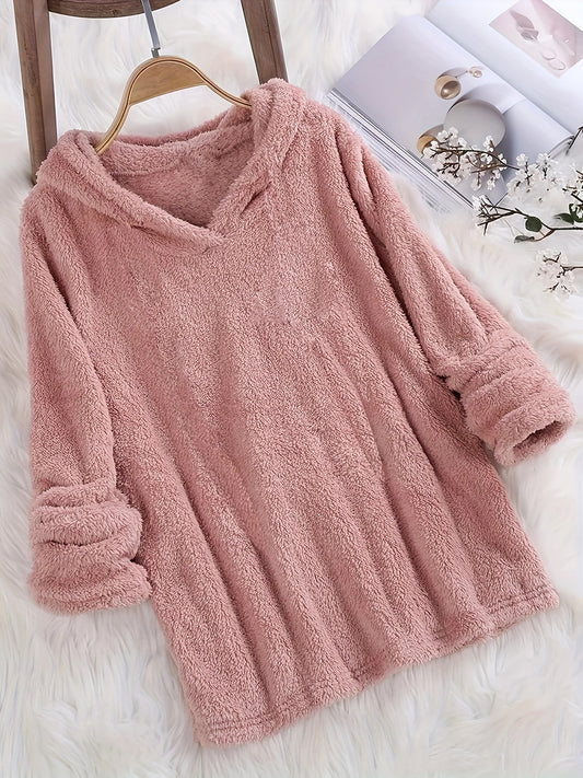 Fashion Women's Standard Size Fuzzy Pullover Solid Color Hoodie
