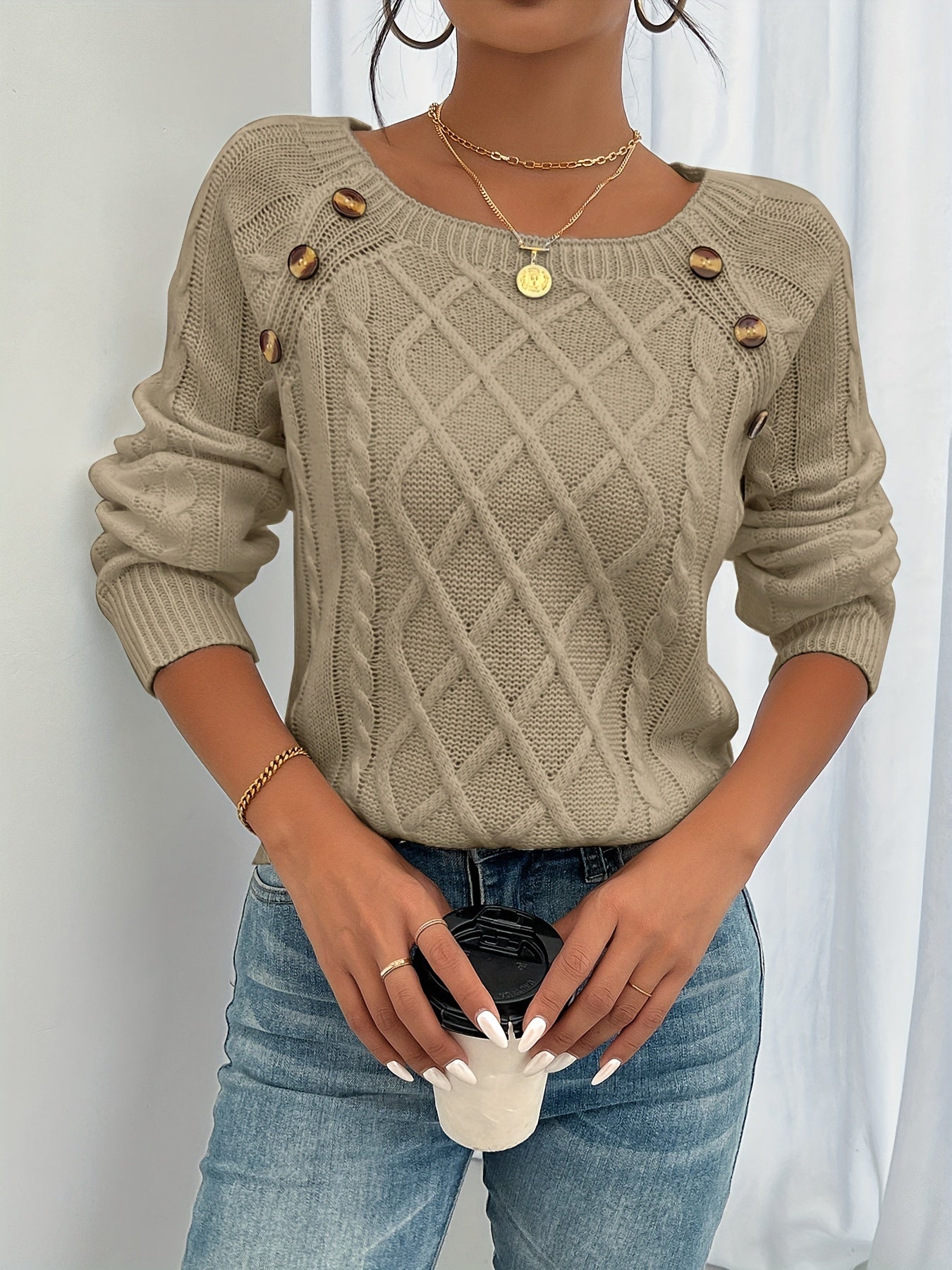 New Round Neck Textured Button Lantern Sleeve Sweater