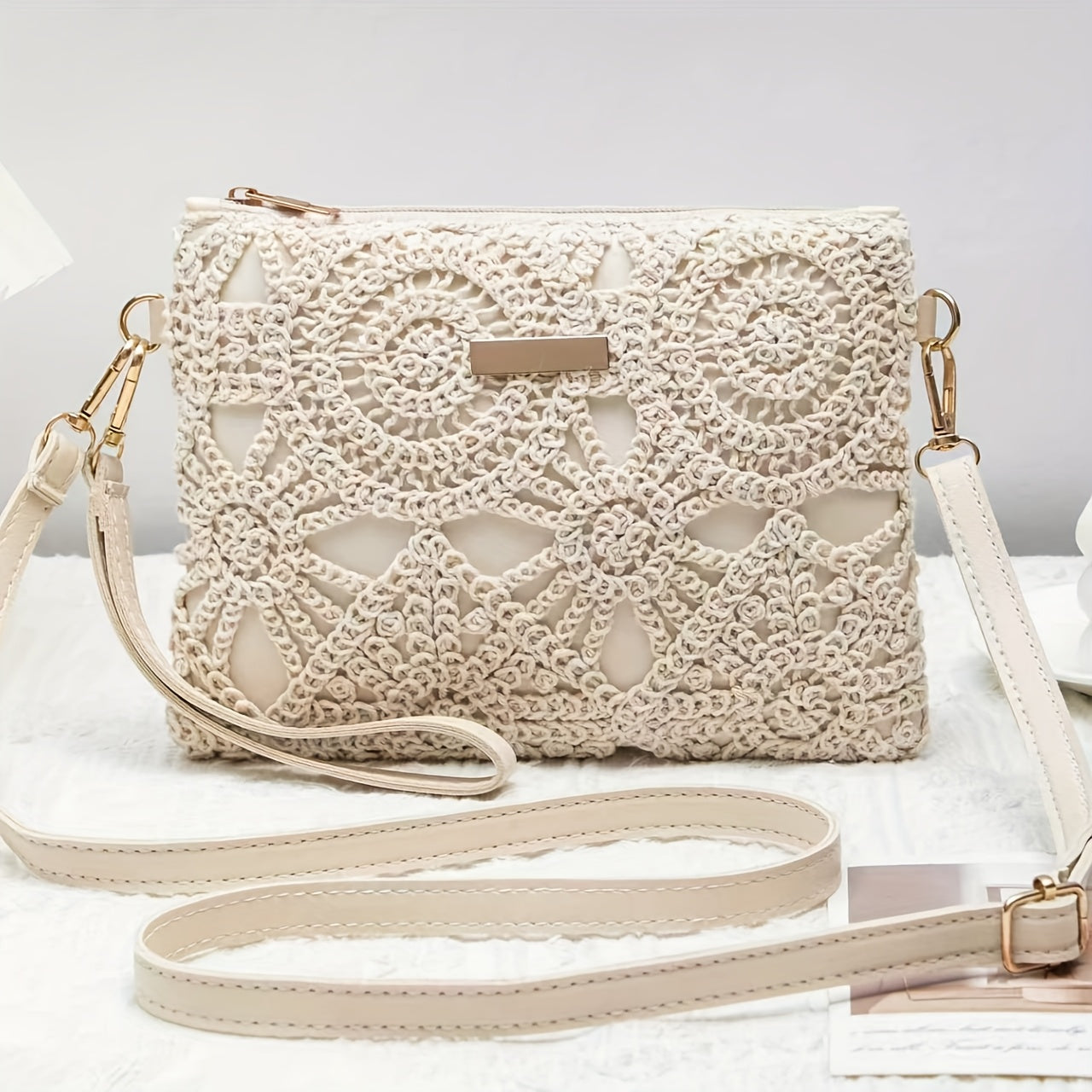 Elegant Lace Crossbody Bag, Intricate White Lace Patterns with Simple Nude Strap, Feminine Charm, Perfect for Spring and Summer, Complements Dresses or Casual Outfits, Not Washable
