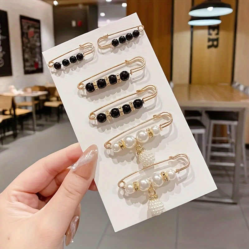 6-Piece Set of Exquisite Elegant Artificial Pearl Brooches - Versatile, Chic, and Timeless Black and White Accessories with Safety Pin Backing for Effortless Styling on Any Outfit, Occasion, or Season