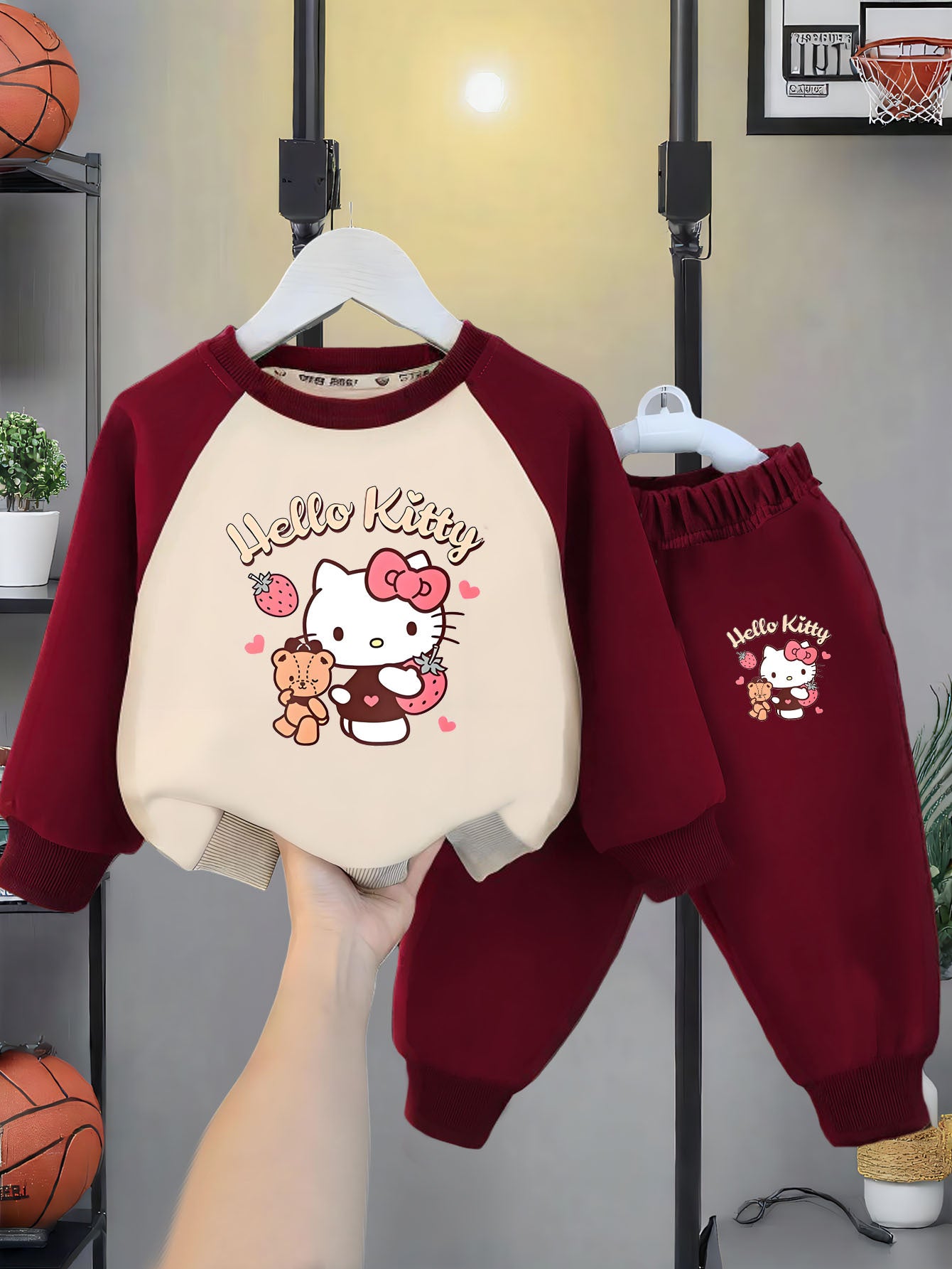 Hello Kitty Print Girls' Fashion Set, Little Girl Spliced Long-Sleeve Round Neck Crewnecksweatshirt and Joggers Two-Piece Outfit with Adorable Cat Design for Toddlers & Kids, Sanrio Spring/Fall Perfect for Outdoor