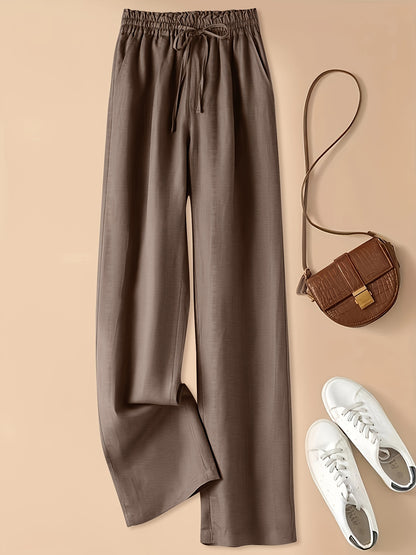 Vintage Loose-Fit Thin-Linen Wide-Leg Pants for Women, High-Waisted with Elastic Waistband and Drawstring, Artistic Casual Straight-Leg Trousers
