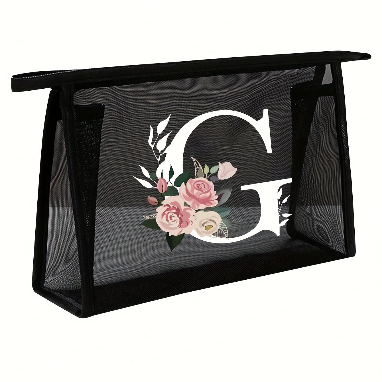 1pc Black Mesh Toiletries Storage Bag | Large Capacity Pink Flowers With White Letters A-Z, Transparent Mesh, Multi-Functional Travel Portable Bag, Lipstick Skin Care Storage, Easy And High-End, Jewelry Storage, Foldable And Lightweight