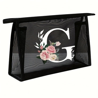 1pc Black Mesh Toiletries Storage Bag | Large Capacity Pink Flowers With White Letters A-Z, Transparent Mesh, Multi-Functional Travel Portable Bag, Lipstick Skin Care Storage, Easy And High-End, Jewelry Storage, Foldable And Lightweight