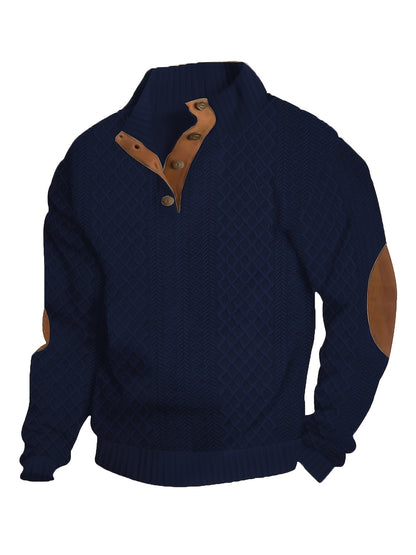 [Casual | Sports] Gray Men's Casual Sports Sweatshirt | Diamond Pattern Knitted Jacquard, Stand Collar, Long Sleeve, Stretch Fabric, Button Detail with Orange Accents