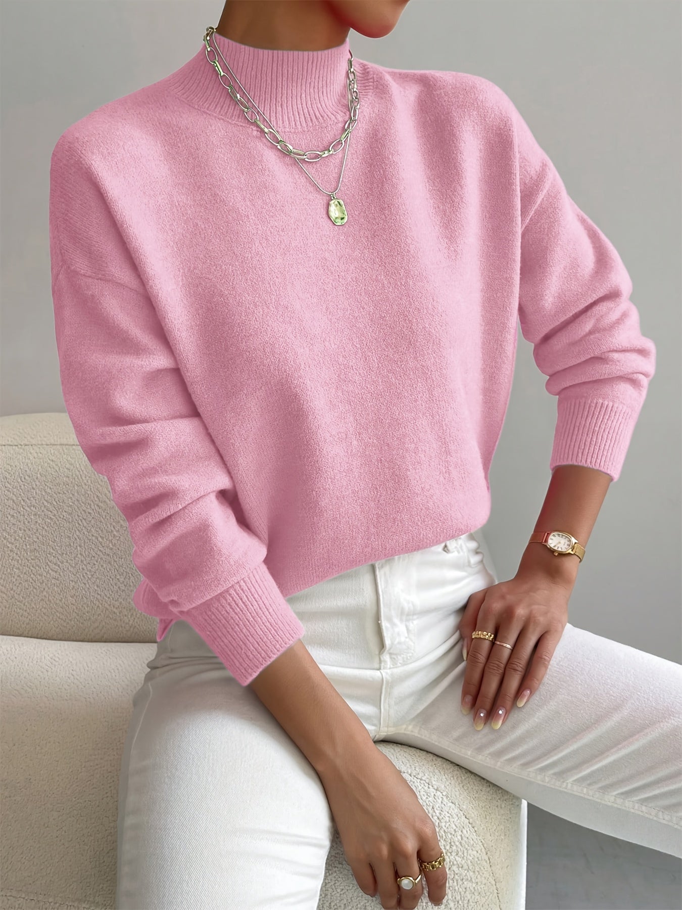[Solid Color Pullover Sweater] Elegant Mock Neck Long Sleeve Drop Shoulder Women's Solid Color Pullover Sweater