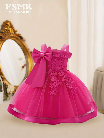 New Children'S First Birthday Baptism Dress Princess Dress Baby Girl Mesh Tutu Skirt Bow Dress Party Dress Off-The-Shoulder Embroidered Dress 1