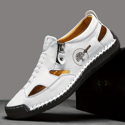 [Retro Slip-On Shoes] Men's British Retro Slip-On Shoes - White, Zipper Closure, Breathable, Cushioned MD Sole, Easy-Clean, Durable, Classic Look for Office, Semi-Formal Events & Everyday Wear
