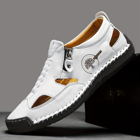 [Retro Slip-On Shoes] Men's British Retro Slip-On Shoes - White, Zipper Closure, Breathable, Cushioned MD Sole, Easy-Clean, Durable, Classic Look for Office, Semi-Formal Events & Everyday Wear
