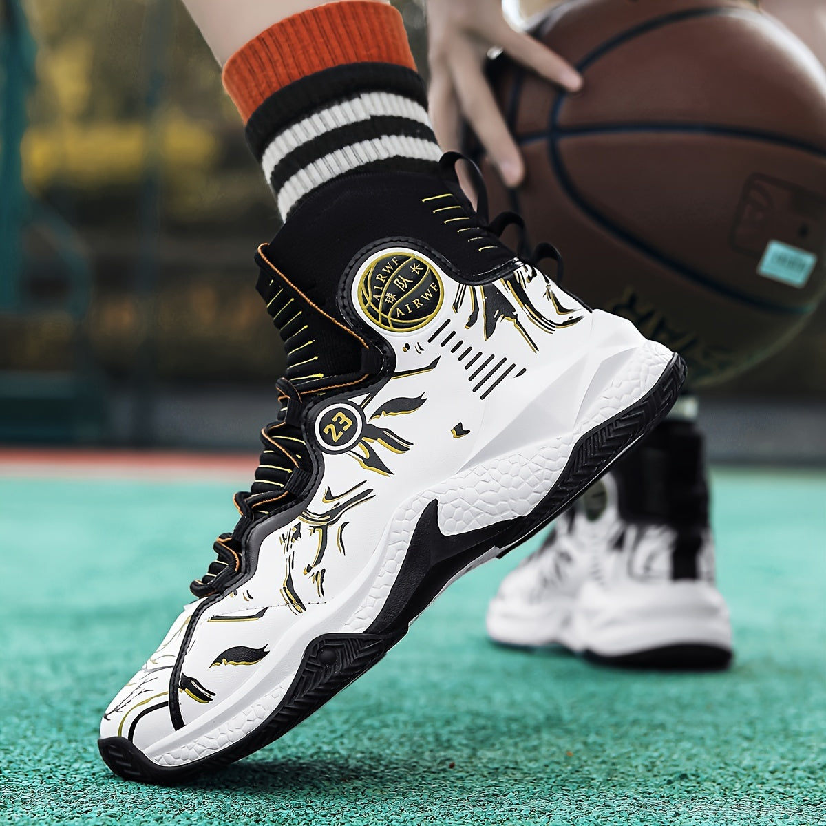 Men's High-Top Sneakers/ Basketball Shoes with Anti-Slip Rubber Sole, & Breathable Mesh Upper - White/Black/Gray/Golden/Orange Colorway, All-Season Sneakers for Running, Gym, Casual Wear - Lace-Up Mid-Top Design, All-Terrain Traction, Sneaker Boot Hybrid