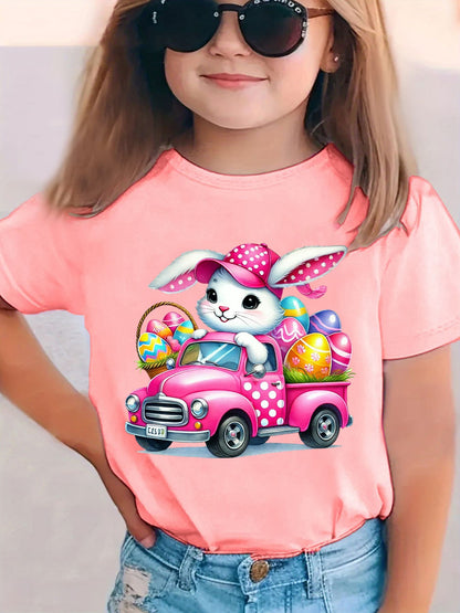 Girls' Easter Bunny Driving with Eggs Short Sleeve T-Shirt - Cute & EASTER Lettering Spring Summer Casual Round Neck Blouse for Easter Egg Hunt Outfits NY-DX5447