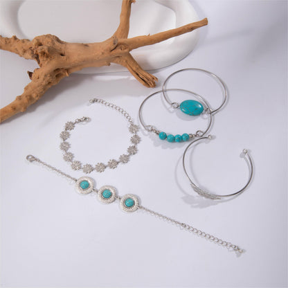 Fashionable Vintage Green Artificial Turquoise Inlaid Jewelry Set, a Unique And Versatile Ethnic Style Five-Piece Bracelet And Bangle Set for Women Featuring Flowers And Feathers