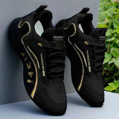 Men's Fashion Casual Sneakers - Breathable Mesh Upper, Anti-Slip Sole, Lace-Up "DENMAI" Design in White and Black with Golden Accents, All-Season Sneakers | Stylish Cross-Over Footwear