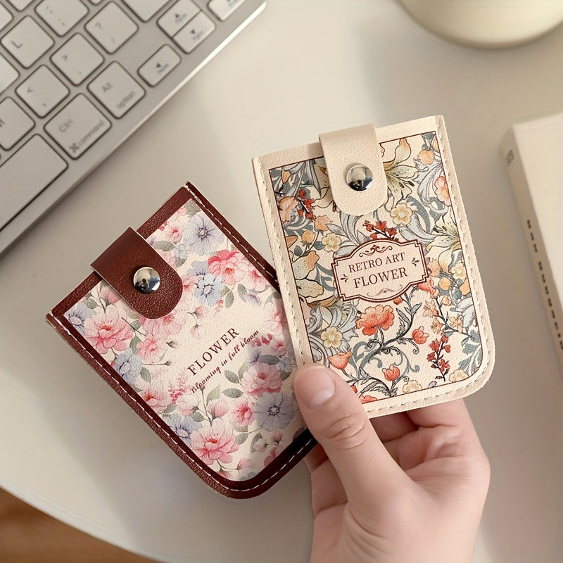 Vintage Floral Pattern Pull-Out Multi-Card Slot ID Holder, Large Capacity Compact Ultra-Thin Synthetic Leather Card Case with Snap Closure