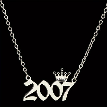 1 Elegant and Stylish Stainless Steel Polished Year Number Necklace, Unique Date Birthday Crown Pendant Necklace Gift for 1980-2024, Versatile Casual Attire Collarbone Chain Holiday Present