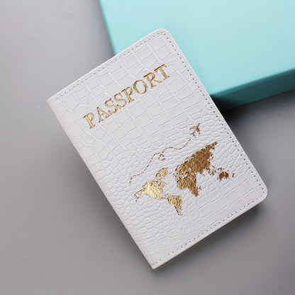 Black Crocodile-Embossed Travel Passport Holder with Golden Lettering & World Map Design - Lightweight, Anti-Theft Synthetic Leather Document Organizer for Vacations