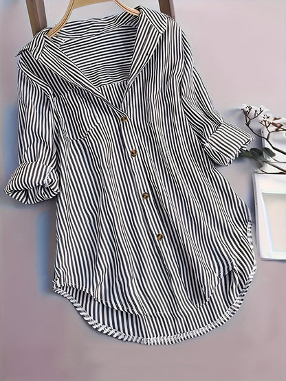 Elegant Striped Shirt for Women, Stylish Long-Sleeve Blouse with a Collar And Pockets