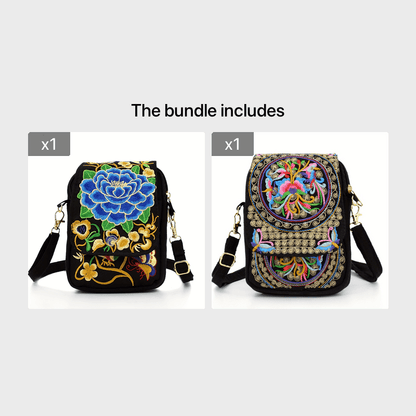 [Embroidered Crossbody Bag] Women's Embroidered Crossbody Bag - Mini Shoulder Bag - Portable Double-Layer Wallet - Phone Pouch