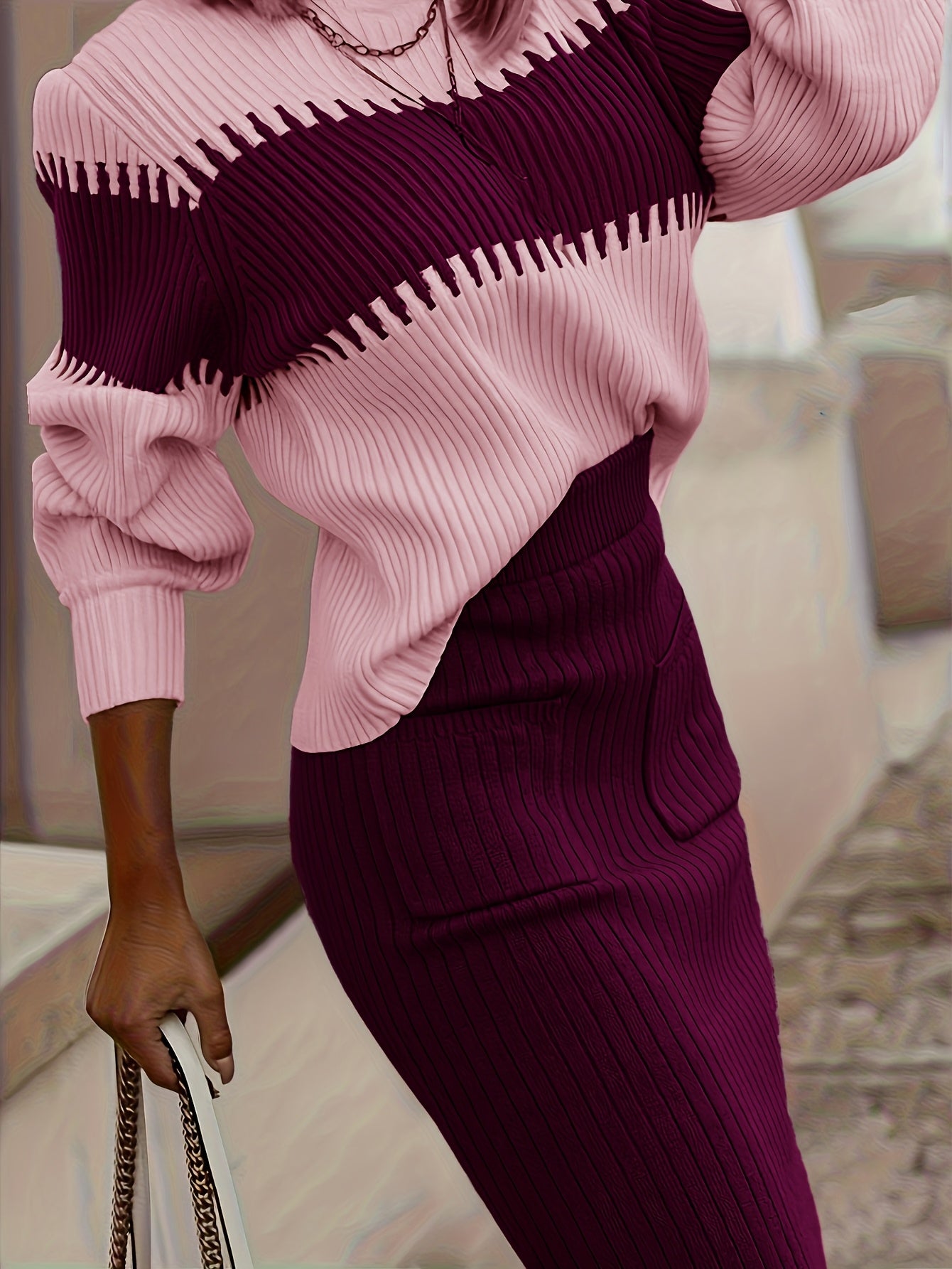 High Neck Pullover Skirt Split Two-Piece Color Block Contrast Thick Long Sleeve Sweater Set, Winter Wardrobe, Elegant Style, Color Block Design, Thick Fabric, Pullover Top, Long Sleeve Skirt, Women'S Fashion, Office Wear