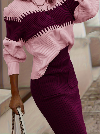 High Neck Pullover Skirt Split Two-Piece Color Block Contrast Thick Long Sleeve Sweater Set, Winter Wardrobe, Elegant Style, Color Block Design, Thick Fabric, Pullover Top, Long Sleeve Skirt, Women'S Fashion, Office Wear