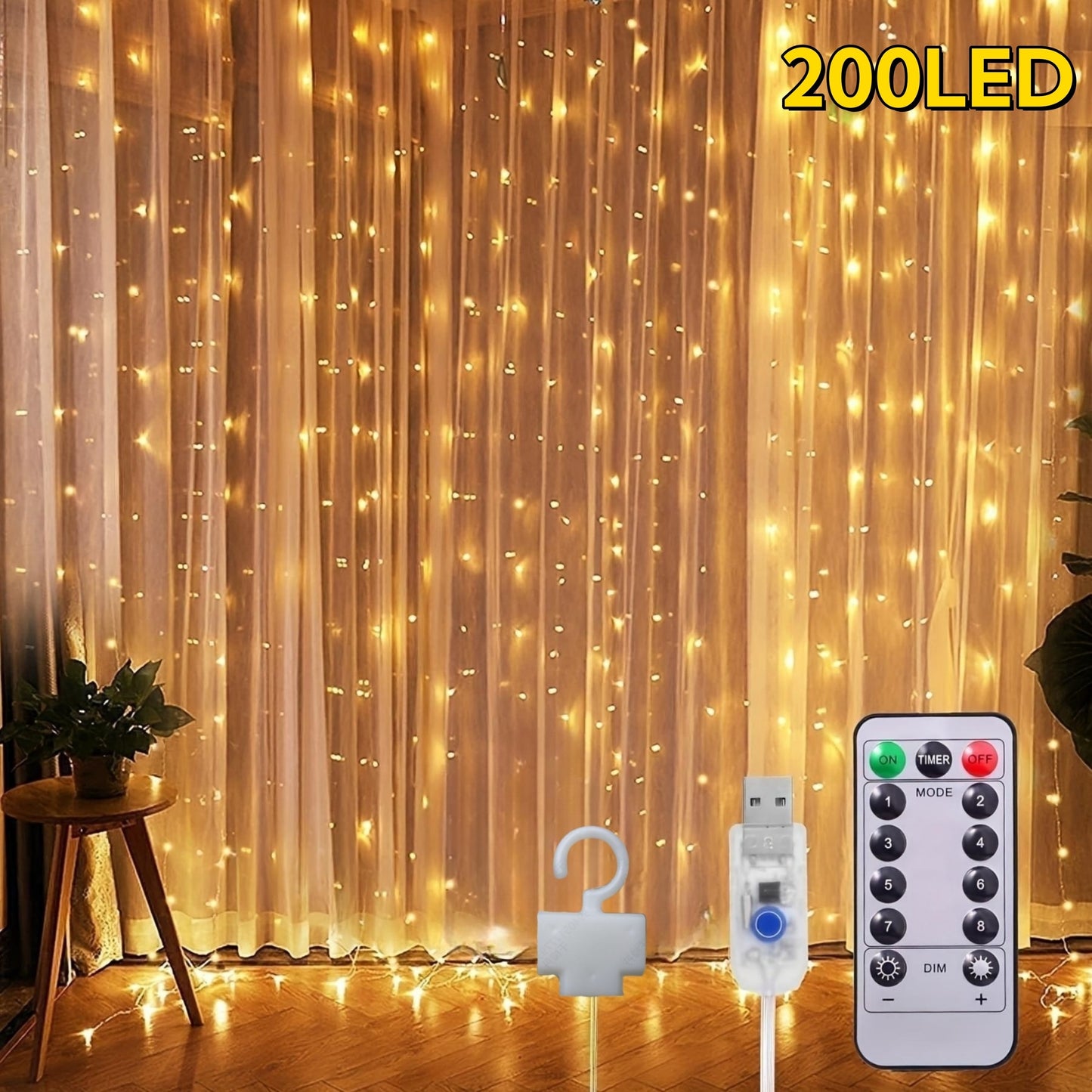 1pack 100/200/300LED Curtain Lights for Bedroom | 3.3/6.5/9.8 X 9.8ft Warm Fairy Lights, 8 Modes with Remote, USB Powered, IP65, Includes Hooks, Copper Wire, Multi-Color Twinkle Lights for Wedding, Christmas, Party