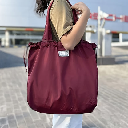 Large Reusable Women's Drawstring Tote Bag, Foldable Shoulder Shopping Bag with Washable Design for Grocery Shopping