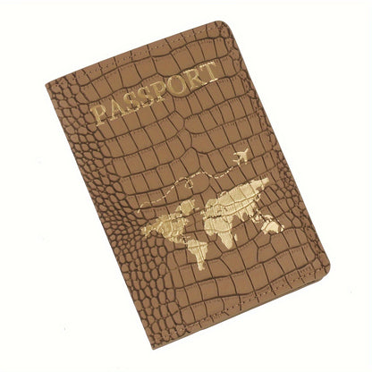 Black Crocodile-Embossed Travel Passport Holder with Golden Lettering & World Map Design - Lightweight, Anti-Theft Synthetic Leather Document Organizer for Vacations