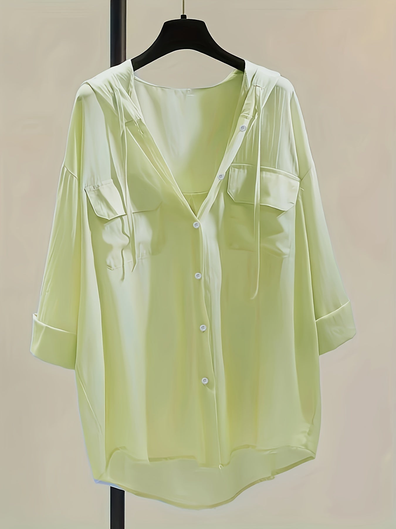 Solid Pocket Button Hooded Blouse, Casual Drawstring Blouse For Spring & Summer, Women's Clothing