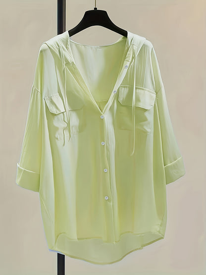 Solid Pocket Button Hooded Blouse, Casual Drawstring Blouse For Spring & Summer, Women's Clothing
