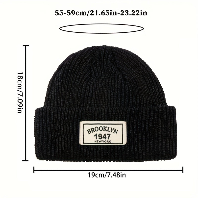 MAKEFGE Men's Fashion Knitted Beanie - Warm, Elastic Acrylic Winter Hat with Letter Patch, Ideal for Active Leisure, Holiday Gifts and Valentine's Day