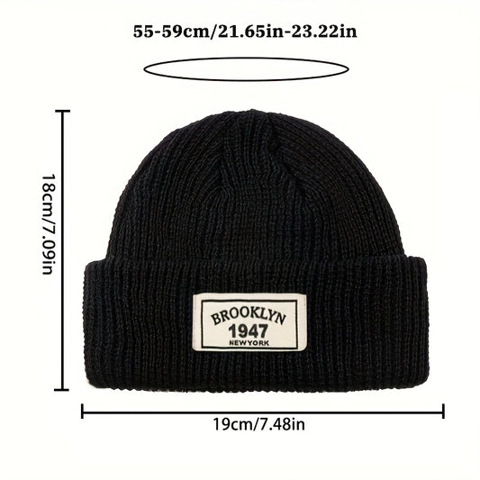 MAKEFGE Men's Fashion Knitted Beanie - Warm, Elastic Acrylic Winter Hat with Letter Patch, Ideal for Active Leisure, Holiday Gifts and Valentine's Day