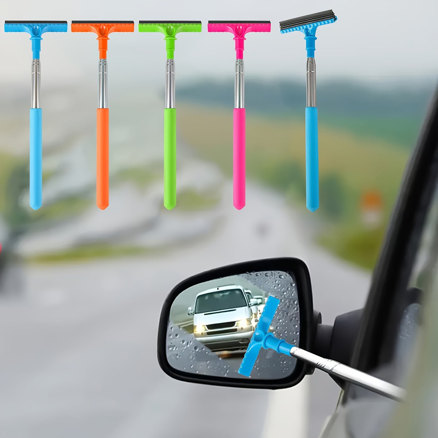 1pc Portable Water Scraper for Rearview Mirror with Sponge Cleaner and Extendable Window Cleaning Brush