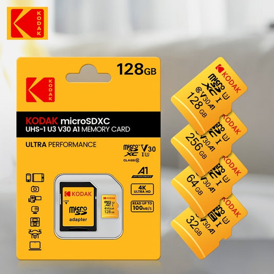 [Kodak U3 Micro TF] Kodak U3 Micro TF 32G, 64G, 128G, 256G | High-Speed SD Adapters, UHS-I, 4K/120Fps, Compatible with Smartphones, Camera Storage, Action Cameras, Car Audio