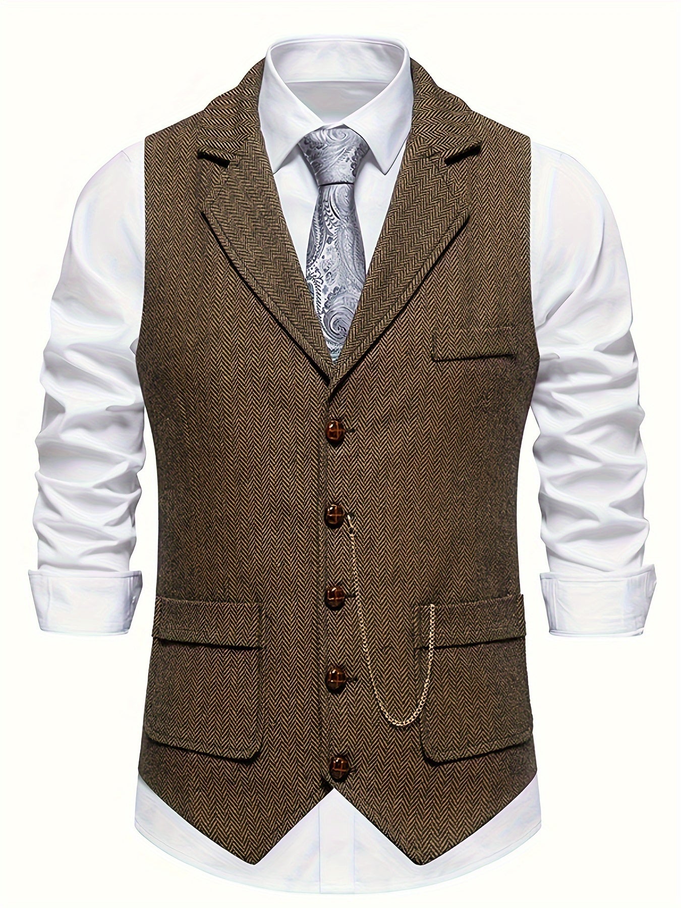 Men's Herringbone Tweed Single-Breasted Lapel Vest with Chain Detail - Stylish Brown Suit Vest for Business or Formal Occasions, Machine Washable, Stylish Layering Piece | Notched Lapel Design | Polyester Vest