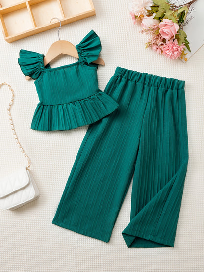 This Is a Stylish And Casual Two-Piece Set for Girls, Featuring a Sleeveless Top with a Butterfly Knot at The Back And Wide-Leg Pants, Perfect for Summer, for Outdoor