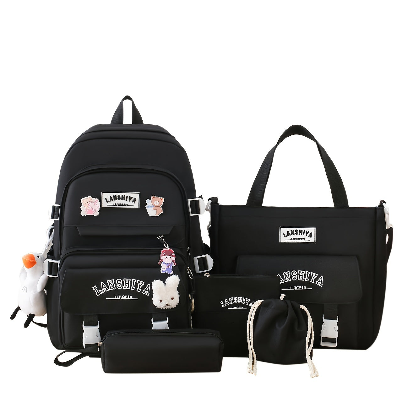 5 Solid Color Backpack Sets, Large Capacity Backpack, Easy Handbag Coin Purse, Casual Crossbody Bag, Pencil Case Handbag, Lightweight Student Schoolbag Set, Free Little Duck Pendant, Free 3 Badges And Little Rabbit Pendant