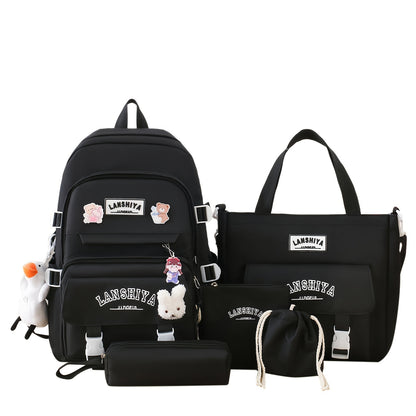 5 Solid Color Backpack Sets, Large Capacity Backpack, Easy Handbag Coin Purse, Casual Crossbody Bag, Pencil Case Handbag, Lightweight Student Schoolbag Set, Free Little Duck Pendant, Free 3 Badges And Little Rabbit Pendant