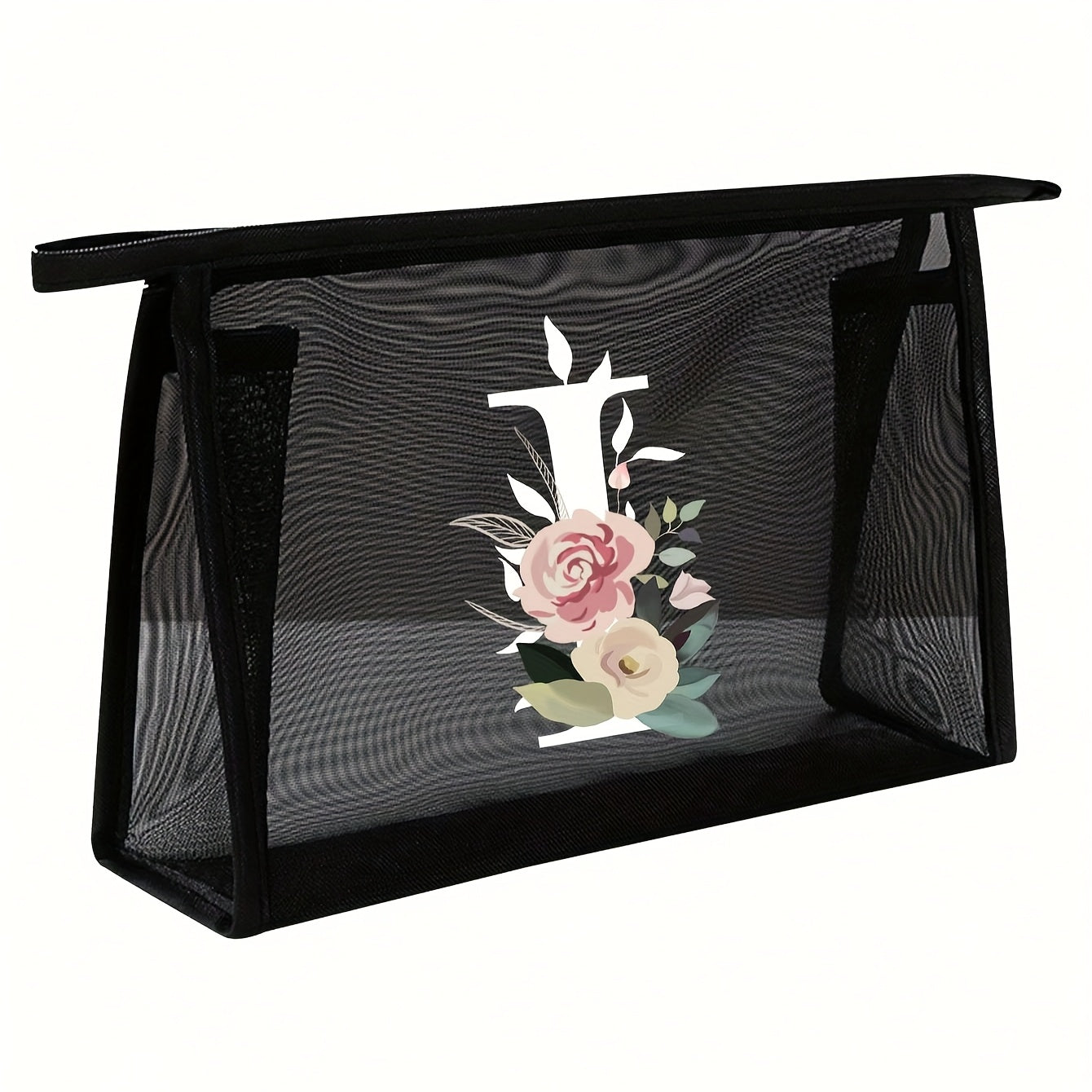 1pc Black Mesh Toiletries Storage Bag | Large Capacity Pink Flowers With White Letters A-Z, Transparent Mesh, Multi-Functional Travel Portable Bag, Lipstick Skin Care Storage, Easy And High-End, Jewelry Storage, Foldable And Lightweight