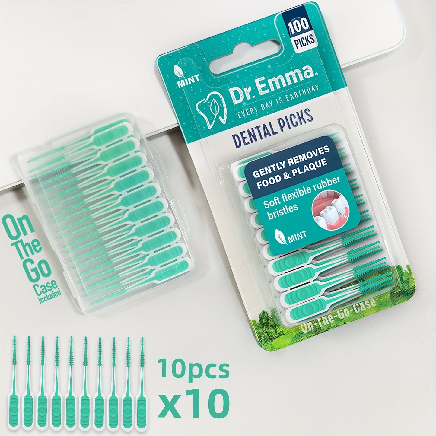 100pcs/200pcs/400pcs Dr. Emma Dental Picks Mint Brush Picks | Alcohol Free, Gentle on Gums, Soft Flexible Bristles