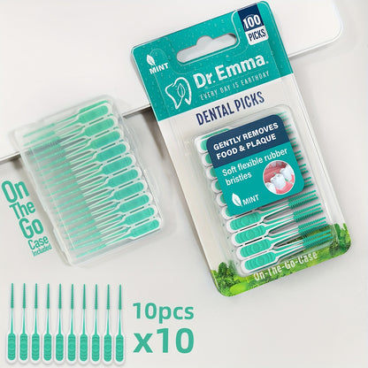100pcs/200pcs/400pcs Dr. Emma Dental Picks Mint Brush Picks | Alcohol Free, Gentle on Gums, Soft Flexible Bristles