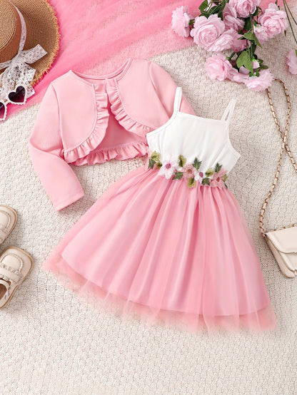 Girls' Autumn And Winter Casual Fashion Two-Piece Set with Ruffled Jacket And Floral Embroidered Dress, Perfect for Holiday Party Gifts, for Outdoor