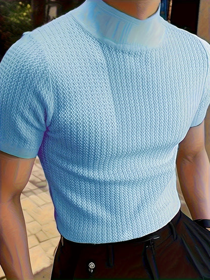 Men's Comfy Chic Turtleneck Solid T-shirt, Men's Summer Slim Fit Outdoor Clothes, Men's Clothing, Tops for Men, Gift for Men