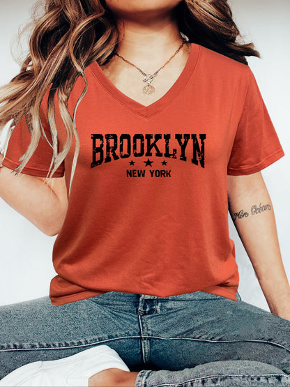 Women's V-neck T-shirt with Alphabet Print