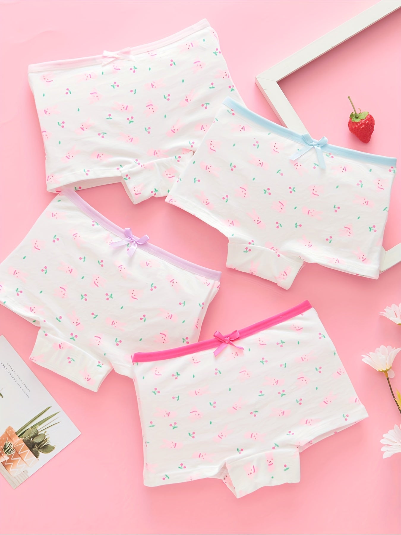 4-Pack Girls' Cute Bunny & Cat Print Boxer Briefs - Pastel Colors, Soft Stretchy Mid-Rise Underwear, All-Season Comfort, Regular Fit for Youngsters & Youngsters, Youngsters Underwear, Playful Youngsters' Apparel, Comfortable Youngsters' Wear