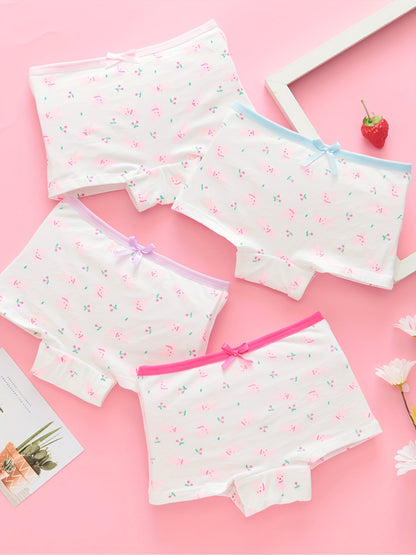 4-Pack Girls' Cute Bunny & Cat Print Boxer Briefs - Pastel Colors, Soft Stretchy Mid-Rise Underwear, All-Season Comfort, Regular Fit for Youngsters & Youngsters, Youngsters Underwear, Playful Youngsters' Apparel, Comfortable Youngsters' Wear
