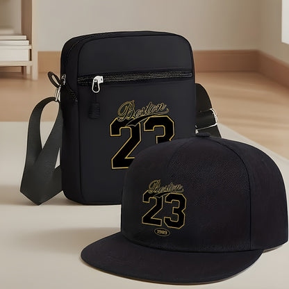 2pcs Set: Boston 23 Print Unisex Curved Brim Hip-Hop Baseball Cap and Crossbody Bag, Street Fashion Outdoor Sports Cap and Bag, Adjustable, Gift for Yourself or Friends