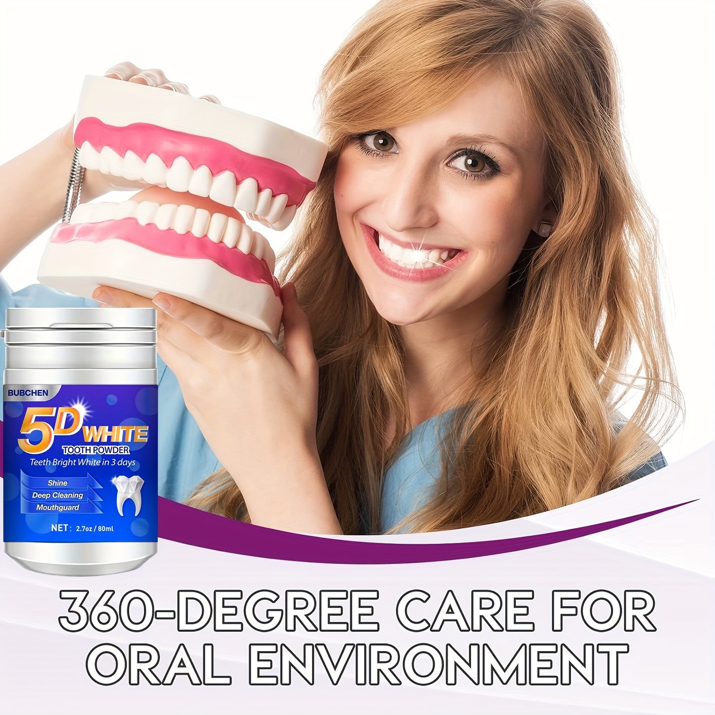 5D Bright Tooth Powder/One 80ML Bottle/Deep Cleaning Powder for Teeth/Fresh Breath Purple Toothpaste/Dental Care Items Featuring Natural Pearl Powder/Perfect for Gifts for Women