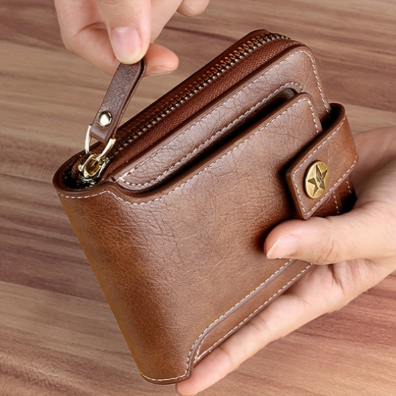 1pc, Fashionable Bark-pattern Brown PU Credit Card Holder with Zipper and Snap Closure, Small Zippered Coin Pouch, Zipper Button Closure, Business Style, Futuristic Zipper Wallet, ID Card Holder, Thanksgiving, Christmas, Warm Winter New Arrival